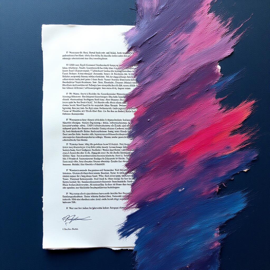 Conceptual art piece representing a legal document on a canvas