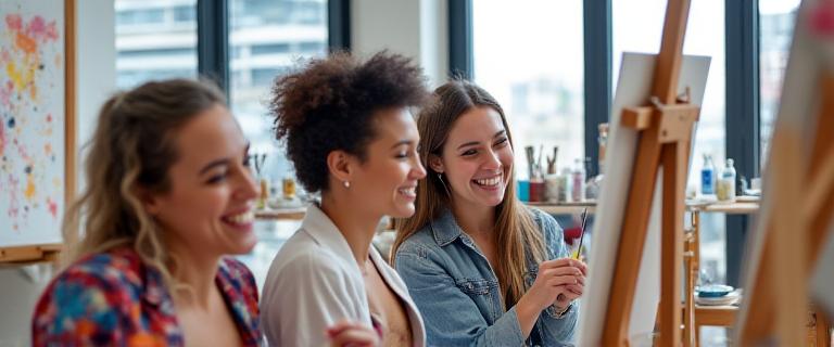 Students laughing while painting in a bright studio